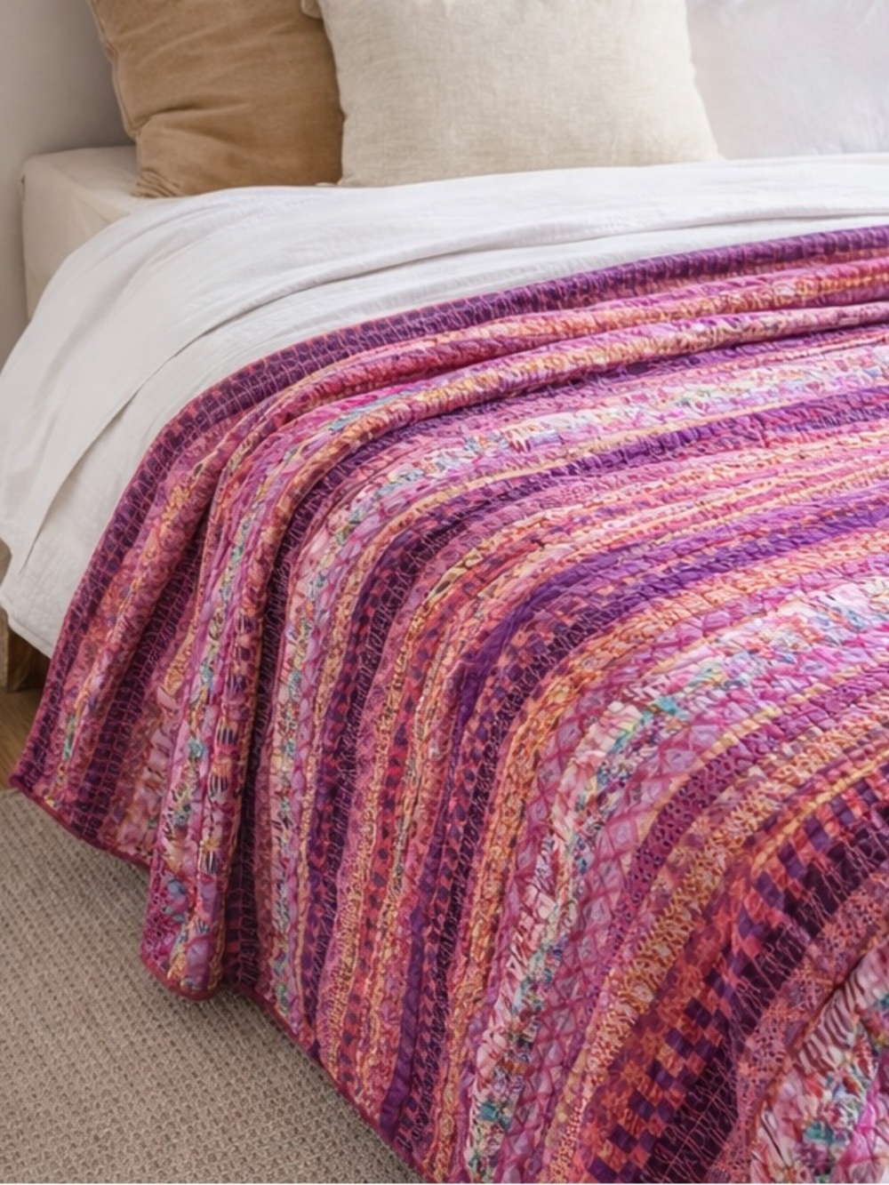 Vintage handmade Kantha quilt reversible pink boho striped anthro style